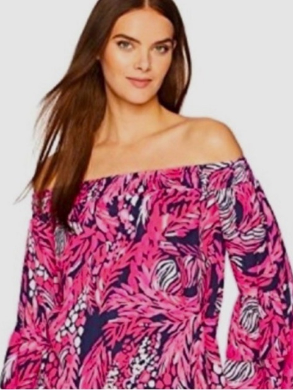 Lilly Pulitzer Pink & Navy Off-Shoulder Printed Blouse